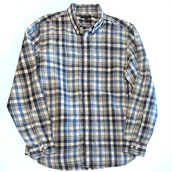 Banana Republic Classic Button Down Shirt XL Blue Plaid Linen Cotton Long Sleeve - Picture 7 of 9